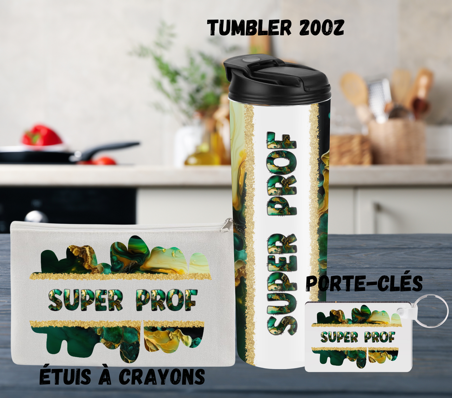 Ensemble Super Prof – Tumbler 20oz, Porte-clés et Étui à crayons assortis