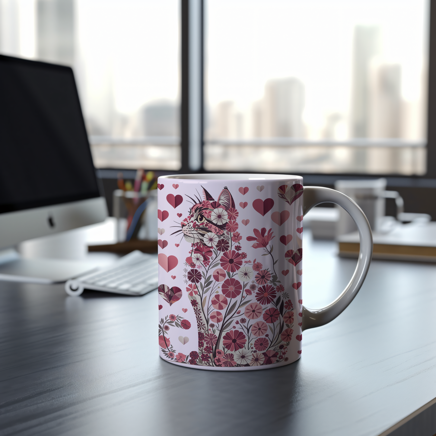 Tasse 11oz - St-Valentin - Chat aux Fleurs d'Amour - Horizon des Citations