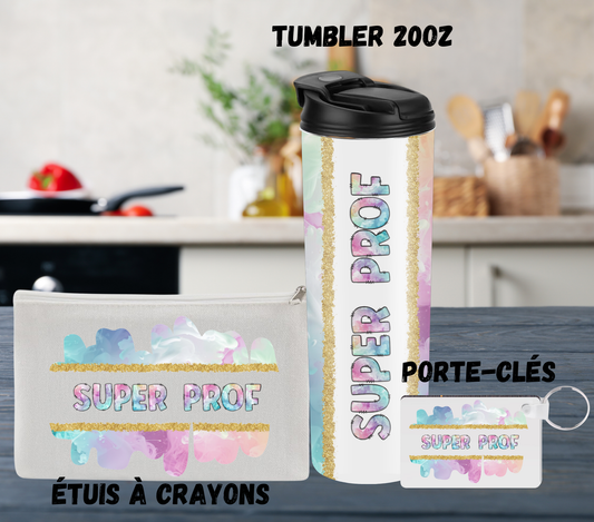 Ensemble Super Prof – Tumbler 20oz, Porte-clés et Étui à crayons assortis