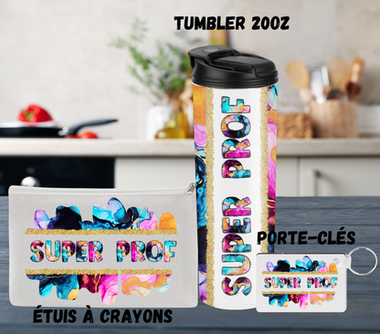 Ensemble Super Prof – Tumbler 20oz, Porte-clés et Étui à crayons assortis