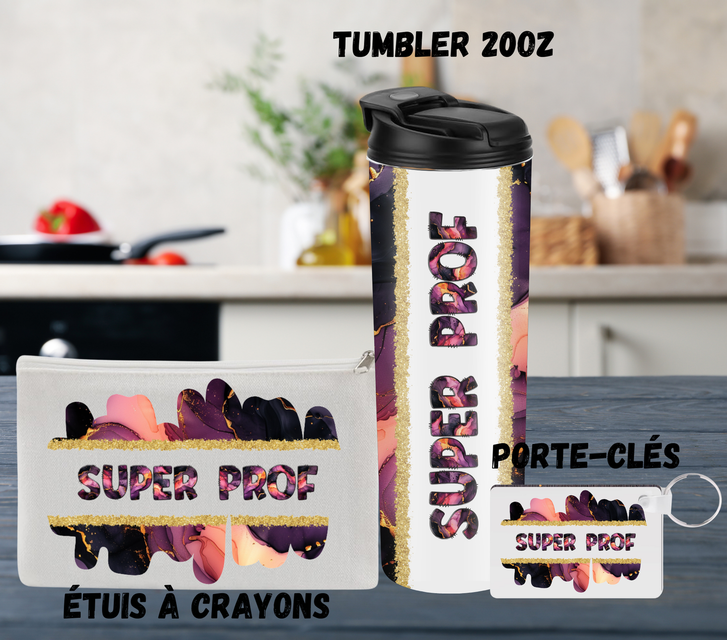 Ensemble Super Prof – Tumbler 20oz, Porte-clés et Étui à crayons assortis