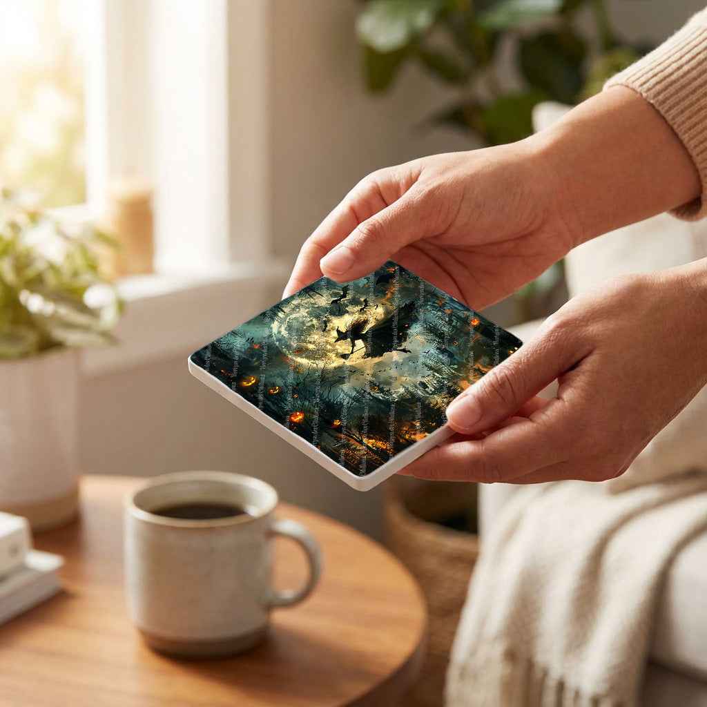 Dessous de verre en céramique 10x10 ens. de 4 - Halloween - Vol de la Sorcière