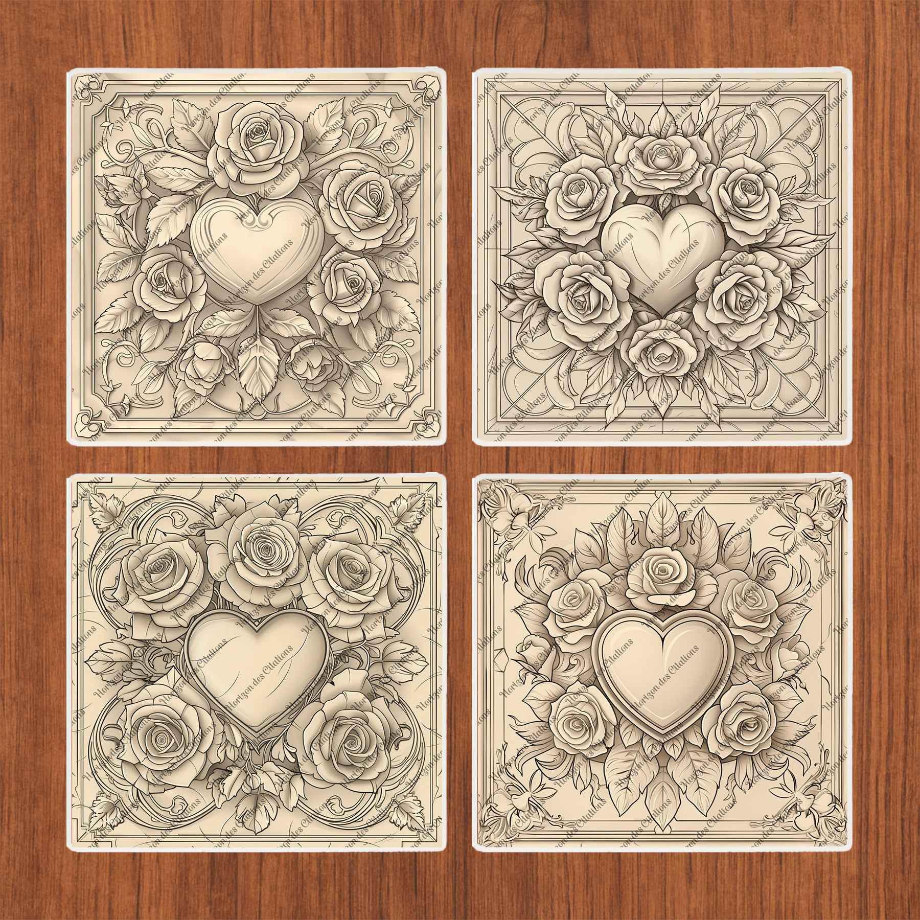 Dessous de verre en céramique 10x10 ens. de 4 - ST-Valentin - Élégance Romantique