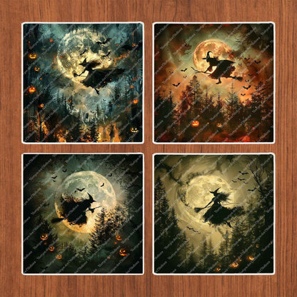 Dessous de verre en céramique 10x10 ens. de 4 - Halloween - Vol de la Sorcière