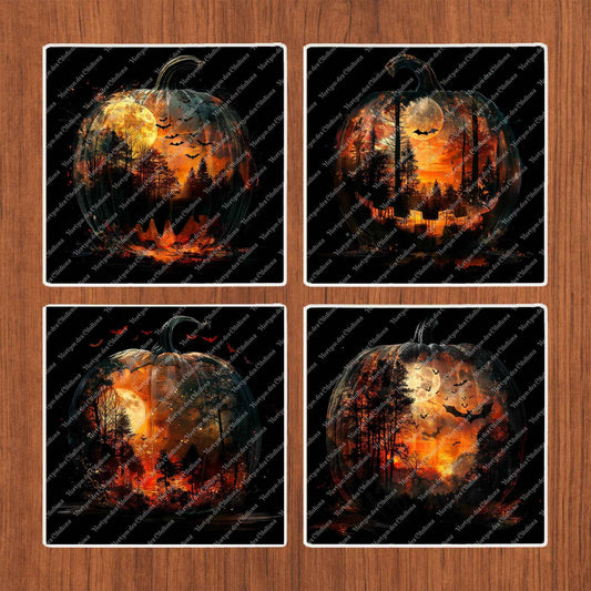 Dessous de verre en céramique 10x10 ens. de 4 - Halloween - Citrouille de Feu