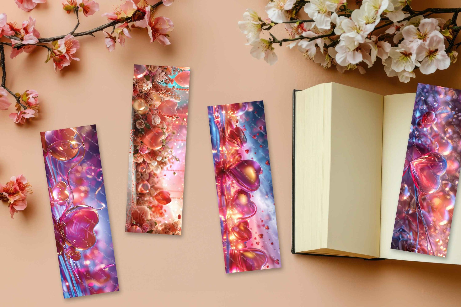 marque-pages en aluminium avec pompon - St-Valentin - Cœurs de Cristal